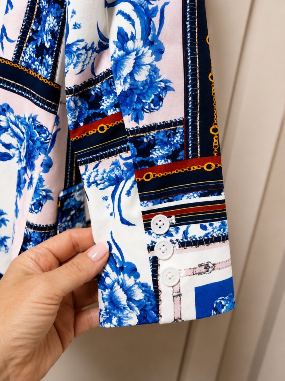Boston Proper Blue & White Porcelain Floral Blazer Gold Chain Accent Size 6 NEW - Picture 14 of 15